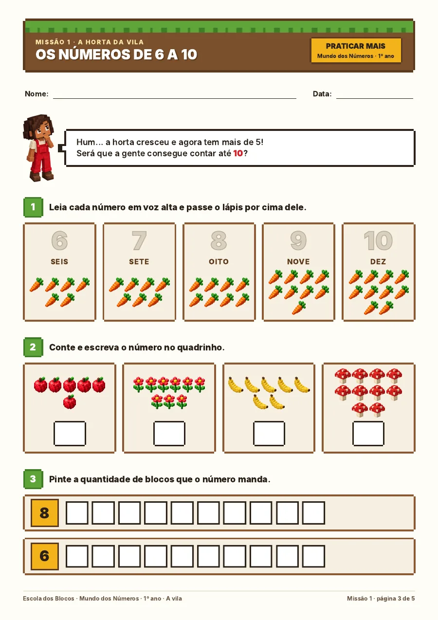 Página de atividade do Mundo dos Números, 1º ano